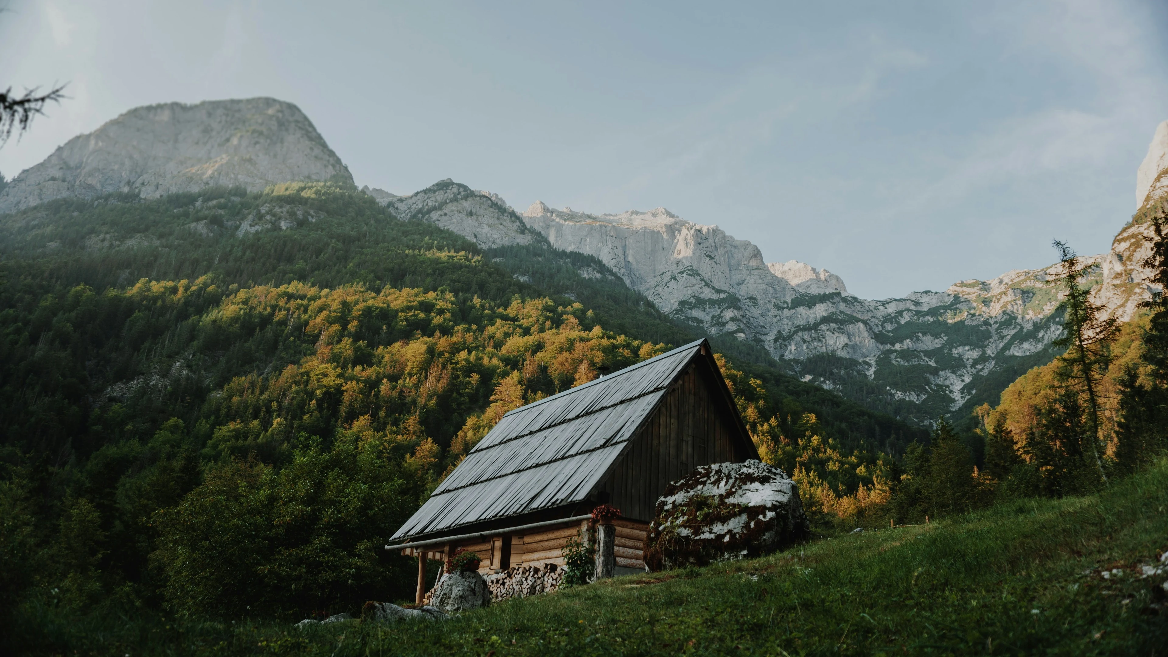 O cabană din lemn, înconjurată de pădure și munți