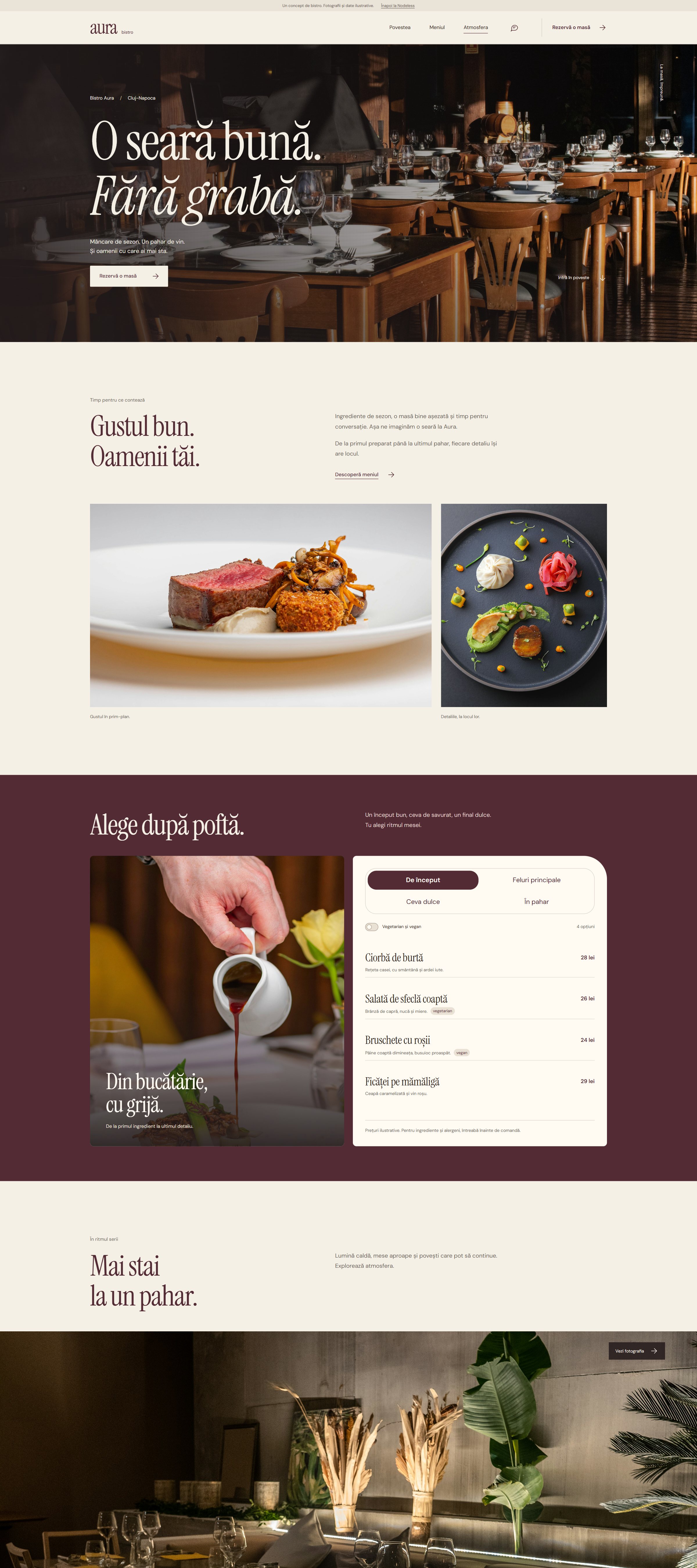 Site-ul Bistro Aura pe un ecran de desktop