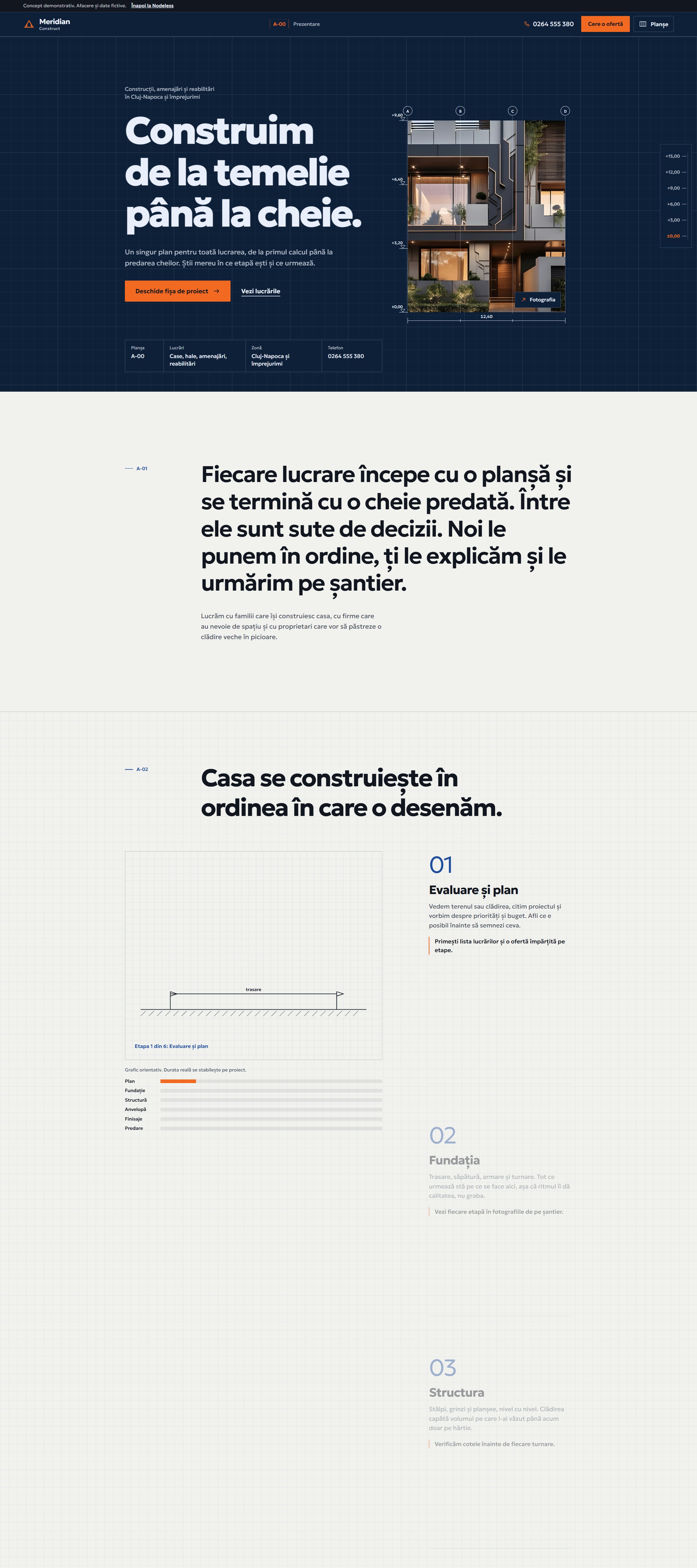 Site-ul Meridian Construct pe un ecran de desktop